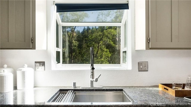 29282 Pine Dr, Cedar Glen, CA 92321 - kitchen featuring dark stone counters and gray cabinets