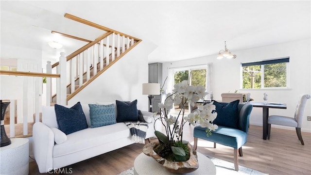 29282 Pine Dr, Cedar Glen, CA 92321 - living room with wood finished floors and stairs