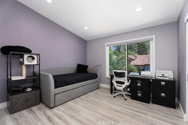 15 Surfbird Ln, Aliso Viejo, CA 92656 - bedroom featuring light wood-style flooring, recessed lighting, lofted ceiling, and an office area
