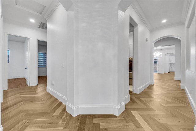 12149 Jonathan Dr, Riverside, CA 92503 - hall with arched walkways, ornamental molding, and recessed lighting