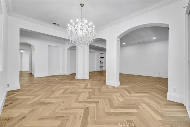 12149 Jonathan Dr, Riverside, CA 92503 - unfurnished dining area with arched walkways, a chandelier, and ornamental molding