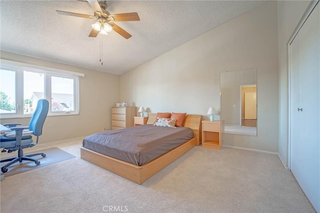 24612 Artemia Ave, Mission Viejo, CA 92691 - carpeted bedroom with a textured ceiling, lofted ceiling, an office area, a closet, and ceiling fan