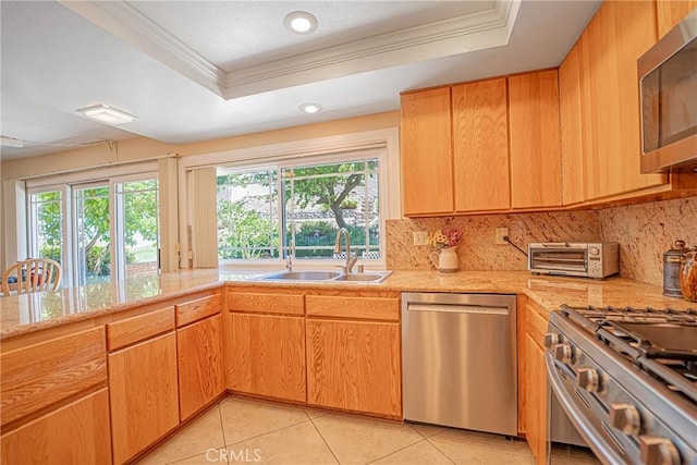 24612 Artemia Ave, Mission Viejo, CA 92691 - kitchen featuring appliances with stainless steel finishes, a raised ceiling, crown molding, healthy amount of natural light, and tasteful backsplash
