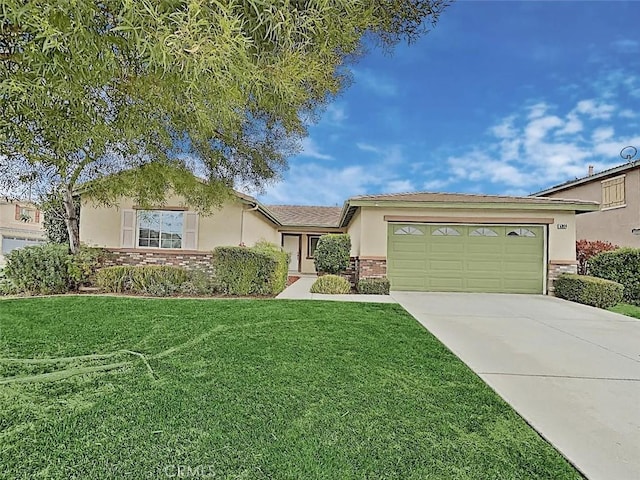 53024 Astrid Way, Lake Elsinore, CA 92532 - ranch-style house featuring a garage, concrete driveway, stucco siding, a front lawn, and brick siding