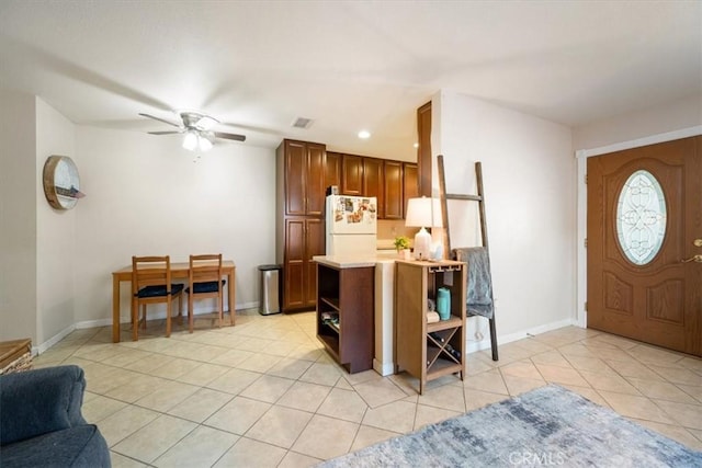 1812 Riverside Ave, Paso Robles, CA 93446 - kitchen featuring freestanding refrigerator, open shelves, ceiling fan, light countertops, and light tile patterned flooring