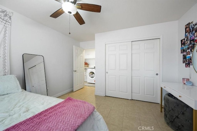 1812 Riverside Ave, Paso Robles, CA 93446 - bedroom with washer / dryer, light tile patterned flooring, a closet, and ceiling fan