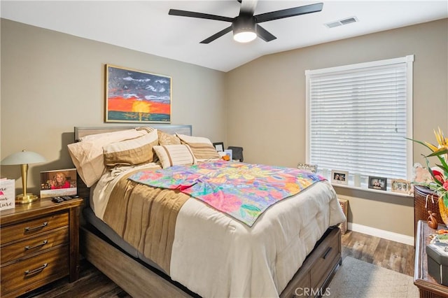 20092 E Frank Ln, Orange, CA 92869 - bedroom with dark wood-style flooring, lofted ceiling, and a ceiling fan