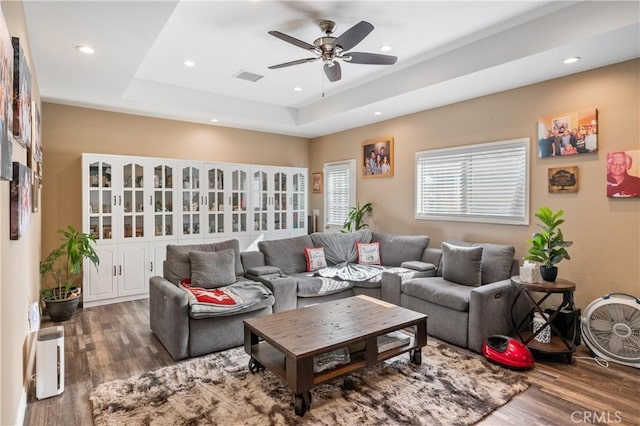 20092 E Frank Ln, Orange, CA 92869 - living area featuring wood finished floors, ceiling fan, recessed lighting, and a raised ceiling