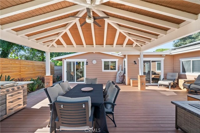 20092 E Frank Ln, Orange, CA 92869 - wooden deck featuring a gazebo, outdoor dining space, and ceiling fan