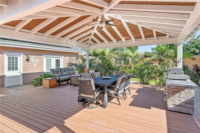 20092 E Frank Ln, Orange, CA 92869 - wooden deck with a gazebo, ceiling fan, outdoor dining area, and outdoor lounge area