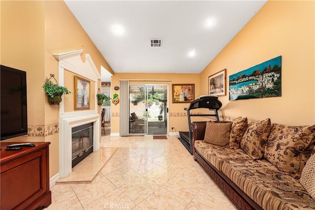 37028 Velutina Way, Palmdale, CA 93550 - living area with vaulted ceiling, recessed lighting, and a glass covered fireplace
