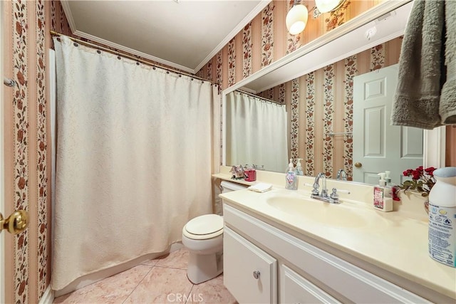 37028 Velutina Way, Palmdale, CA 93550 - full bathroom featuring wallpapered walls, vanity, crown molding, tile patterned floors, and a shower with curtain