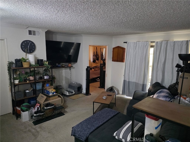 10655 Lemon Ave Unit 1508, Rancho Cucamonga, CA 91737 - living room with carpet flooring, ornamental molding, and a textured ceiling