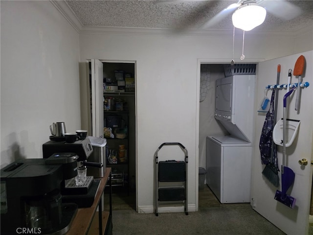 10655 Lemon Ave Unit 1508, Rancho Cucamonga, CA 91737 - washroom featuring stacked washer / dryer, carpet floors, ornamental molding, a ceiling fan, and a textured ceiling