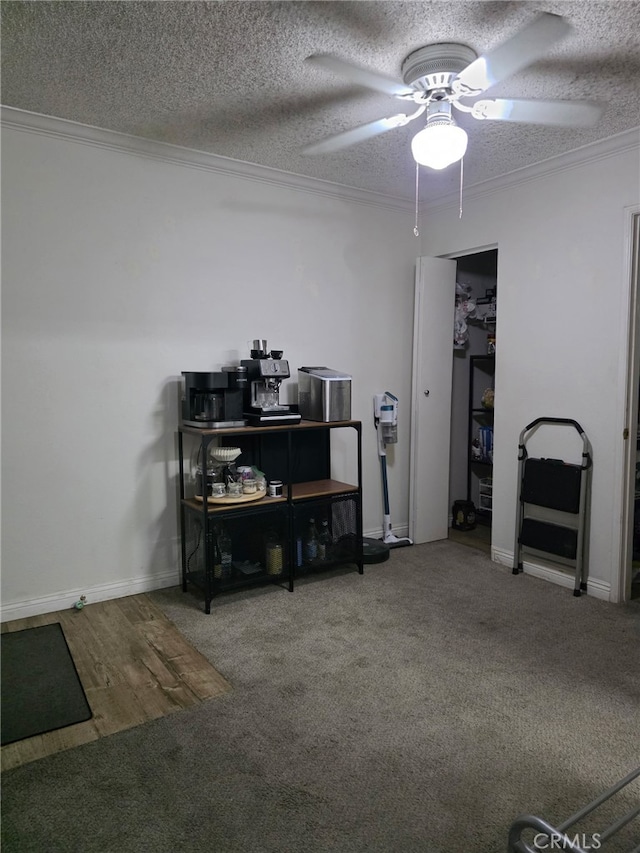 10655 Lemon Ave Unit 1508, Rancho Cucamonga, CA 91737 - miscellaneous room featuring ceiling fan, carpet floors, crown molding, and a textured ceiling