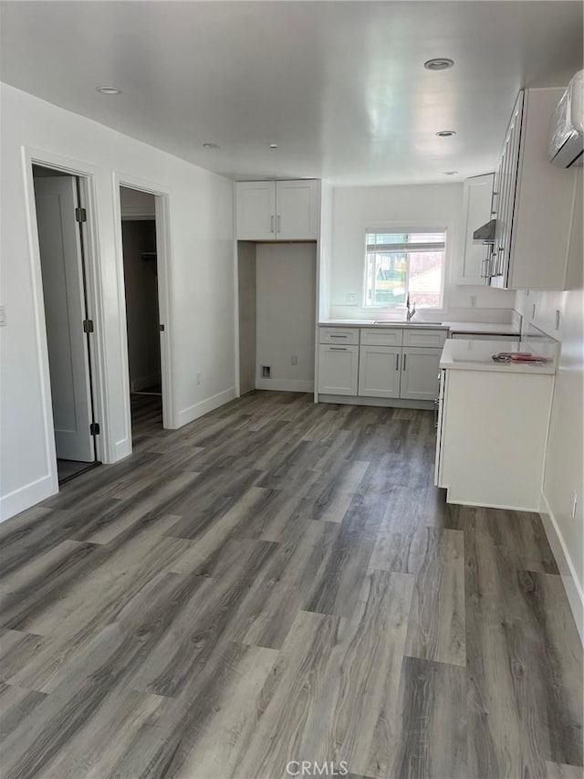 3028 E 1st St, Los Angeles, CA 90063 - kitchen featuring wood finished floors, white cabinets, light countertops, and under cabinet range hood