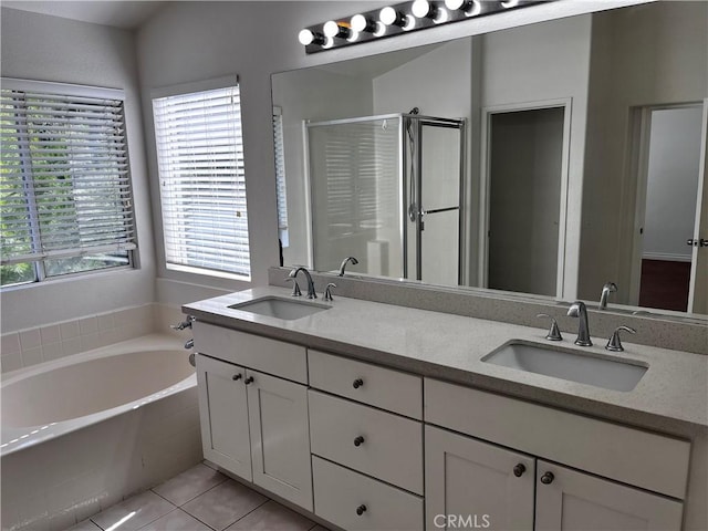 16340 Willowmist Ct, Chino Hills, CA 91709 - full bath featuring a shower stall, a bath, double vanity, and tile patterned flooring