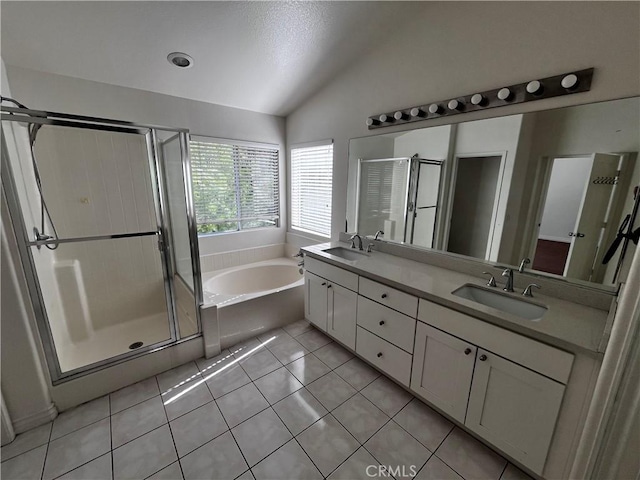 16340 Willowmist Ct, Chino Hills, CA 91709 - bathroom with lofted ceiling, a garden tub, a shower stall, double vanity, and tile patterned flooring