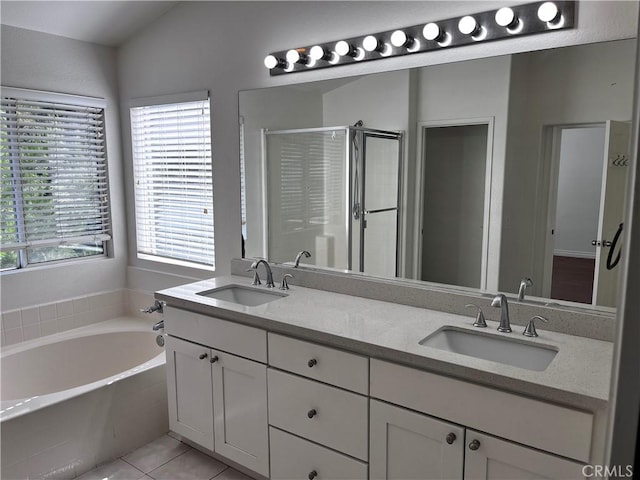 16340 Willowmist Ct, Chino Hills, CA 91709 - bathroom featuring a stall shower, a garden tub, double vanity, and tile patterned floors