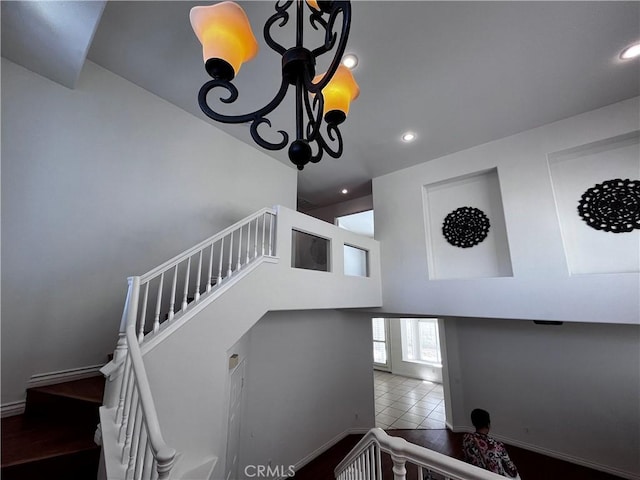 16340 Willowmist Ct, Chino Hills, CA 91709 - staircase featuring recessed lighting, a chandelier, and wood finished floors