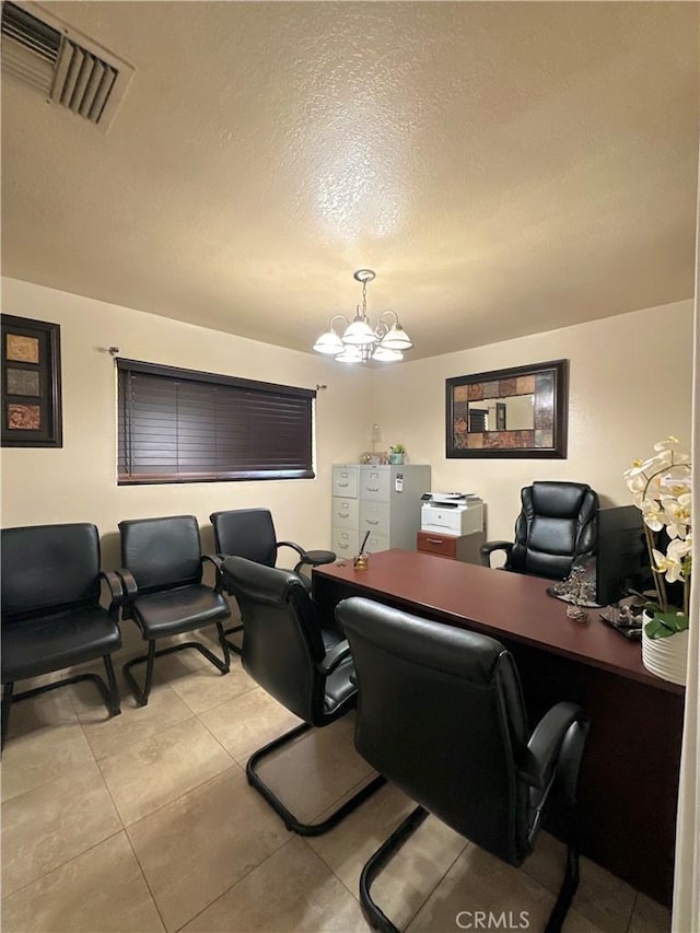 9620 San Vincente Ave, South Gate, CA 90280 - office with a textured ceiling, tile patterned floors, and a chandelier