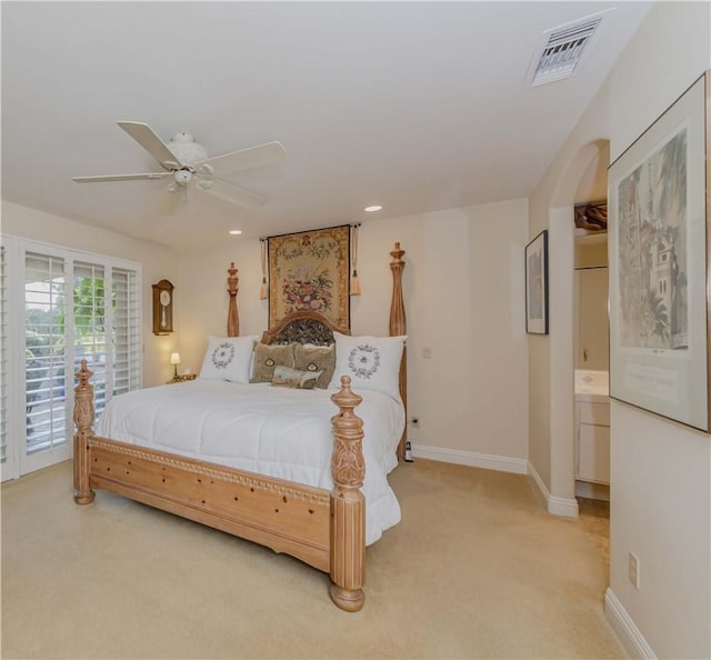 662 Via Zapata, Riverside, CA 92507 - bedroom with light carpet, recessed lighting, ceiling fan, and access to exterior