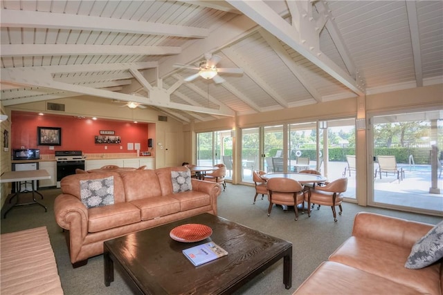 662 Via Zapata, Riverside, CA 92507 - living room with carpet, ceiling fan, high vaulted ceiling, and beam ceiling