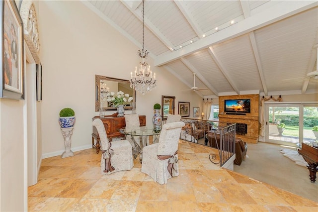 662 Via Zapata, Riverside, CA 92507 - dining space featuring beam ceiling, a fireplace, a chandelier, high vaulted ceiling, and ceiling fan