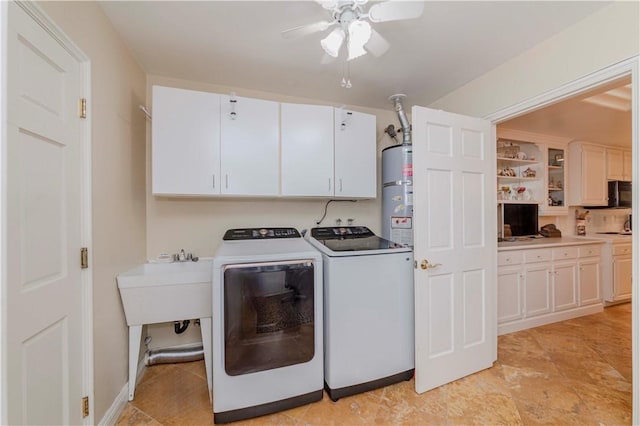662 Via Zapata, Riverside, CA 92507 - washroom with cabinet space, water heater, a ceiling fan, and washer and dryer