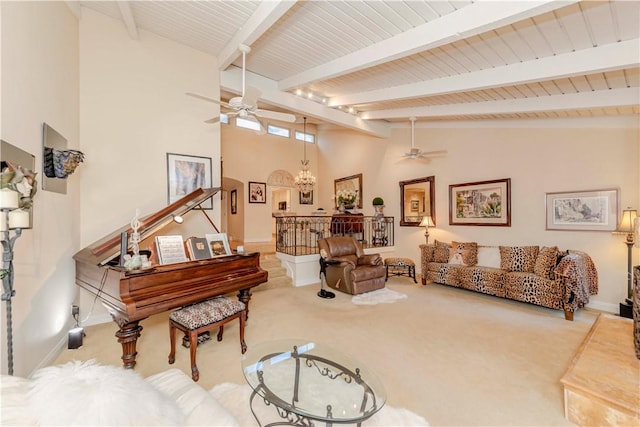 662 Via Zapata, Riverside, CA 92507 - carpeted living room featuring ceiling fan, a chandelier, a wooden ceiling with exposed beams, and high vaulted ceiling