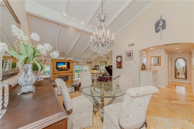 662 Via Zapata, Riverside, CA 92507 - dining space featuring a chandelier, high vaulted ceiling, and a wooden ceiling with exposed beams