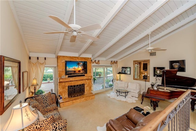 662 Via Zapata, Riverside, CA 92507 - living area featuring a fireplace, ceiling fan, carpet flooring, and wood ceiling