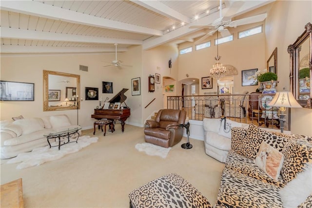 662 Via Zapata, Riverside, CA 92507 - carpeted living room with a ceiling fan, high vaulted ceiling, a chandelier, a wooden ceiling with exposed beams, and arched walkways