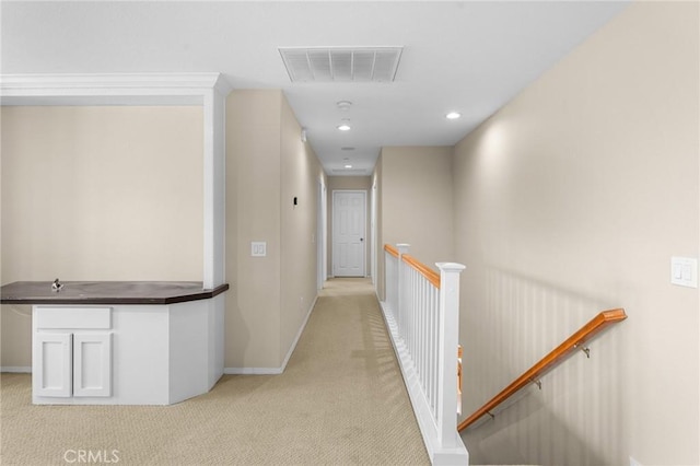1581 Margit St, Redlands, CA 92374 - hallway featuring an upstairs landing, light carpet, and recessed lighting