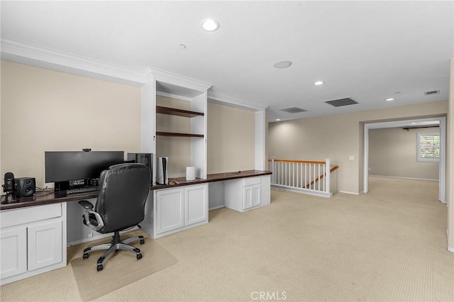 1581 Margit St, Redlands, CA 92374 - office with light colored carpet, crown molding, built in study area, and recessed lighting
