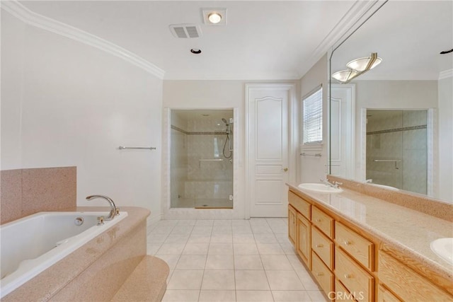 134 E Las Flores Ave, Arcadia, CA 91006 - full bath with a stall shower, ornamental molding, a garden tub, double vanity, and tile patterned flooring