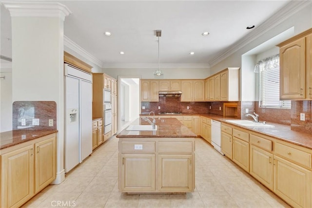 134 E Las Flores Ave, Arcadia, CA 91006 - kitchen featuring built in appliances, light brown cabinetry, a kitchen island with sink, light tile patterned floors, and ornamental molding