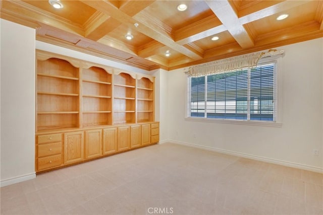 134 E Las Flores Ave, Arcadia, CA 91006 - unfurnished room with recessed lighting, crown molding, light colored carpet, coffered ceiling, and a wood ceiling with exposed beams