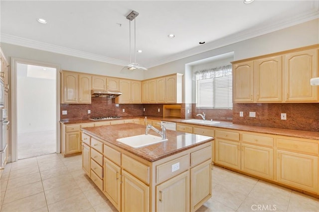 134 E Las Flores Ave, Arcadia, CA 91006 - kitchen featuring light brown cabinetry, under cabinet range hood, light tile patterned floors, gas stovetop, and ornamental molding
