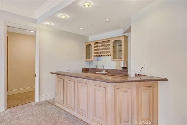 134 E Las Flores Ave, Arcadia, CA 91006 - indoor wet bar featuring recessed lighting, ornamental molding, light carpet, and light tile patterned flooring