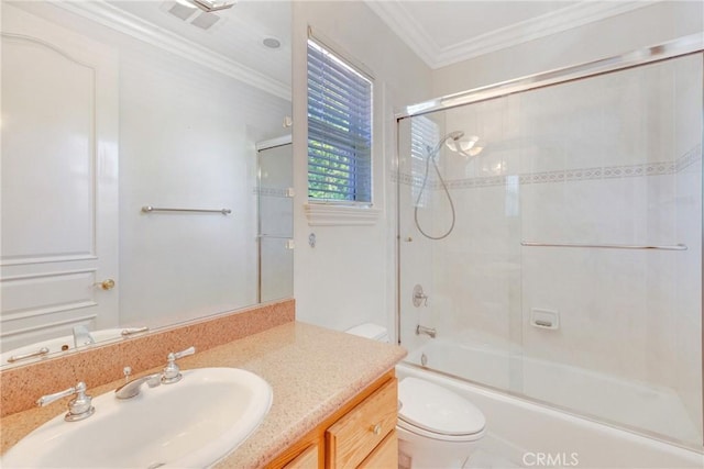 134 E Las Flores Ave, Arcadia, CA 91006 - full bathroom with vanity, enclosed tub / shower combo, and crown molding