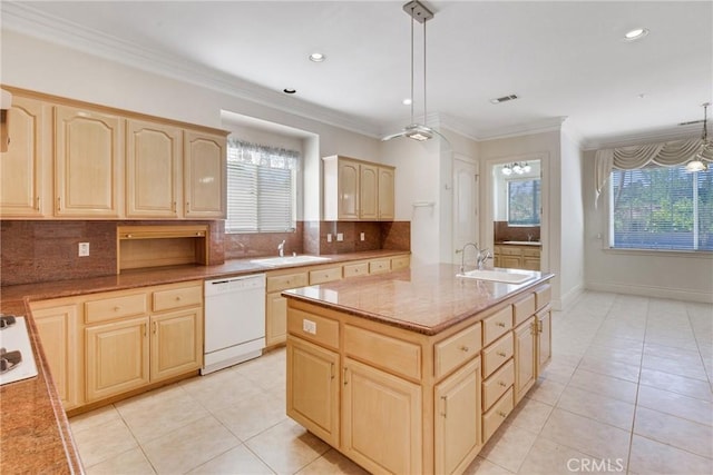 134 E Las Flores Ave, Arcadia, CA 91006 - kitchen with white dishwasher, light brown cabinetry, backsplash, light tile patterned floors, and ornamental molding