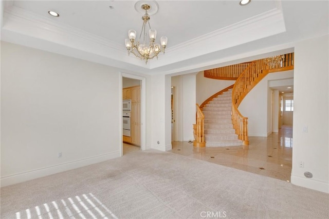 134 E Las Flores Ave, Arcadia, CA 91006 - carpeted spare room featuring a chandelier, a raised ceiling, stairs, recessed lighting, and crown molding
