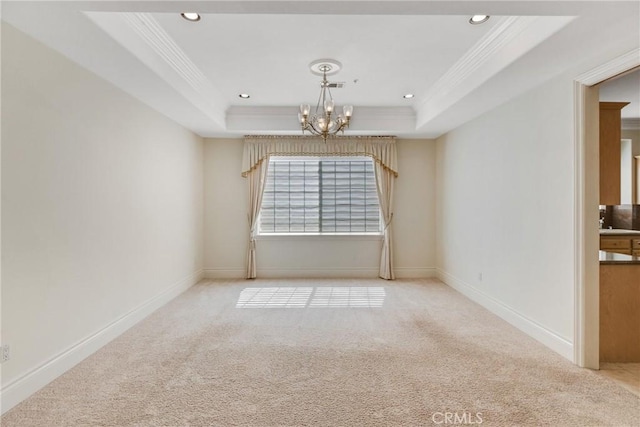 134 E Las Flores Ave, Arcadia, CA 91006 - spare room with crown molding, a chandelier, a raised ceiling, carpet floors, and recessed lighting