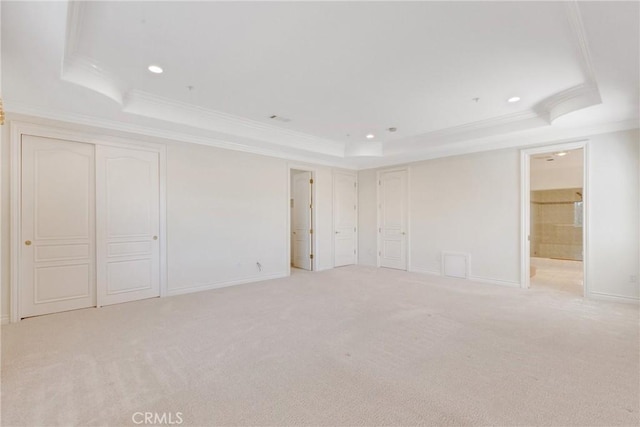 134 E Las Flores Ave, Arcadia, CA 91006 - unfurnished bedroom featuring a raised ceiling, ornamental molding, carpet, recessed lighting, and ensuite bath