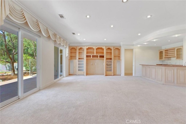 134 E Las Flores Ave, Arcadia, CA 91006 - unfurnished living room with crown molding, recessed lighting, light carpet, and wet bar