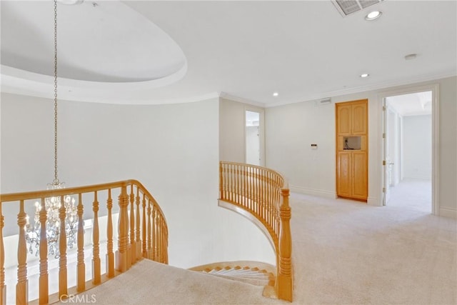 134 E Las Flores Ave, Arcadia, CA 91006 - stairs featuring recessed lighting, carpet, and ornamental molding