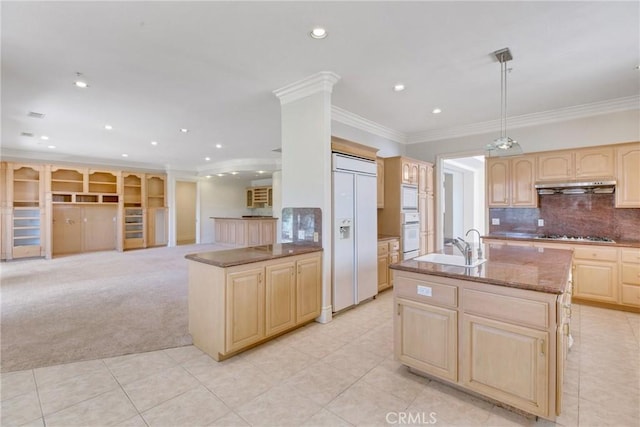 134 E Las Flores Ave, Arcadia, CA 91006 - kitchen featuring light brown cabinets, under cabinet range hood, ornamental molding, built in appliances, and light tile patterned floors