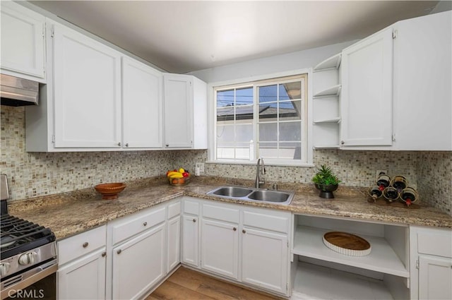 12108 Dunrobin Ave, Downey, CA 90242 - kitchen featuring open shelves, stainless steel gas stove, and white cabinets