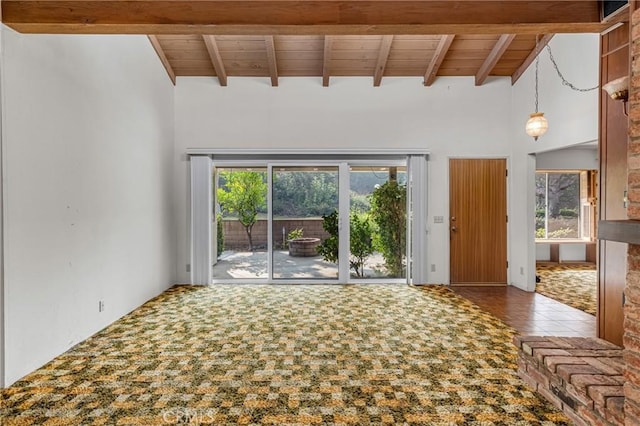19950 Esquiline Ave, Walnut, CA 91789 - tiled empty room with plenty of natural light, a wood ceiling with exposed beams, and a towering ceiling